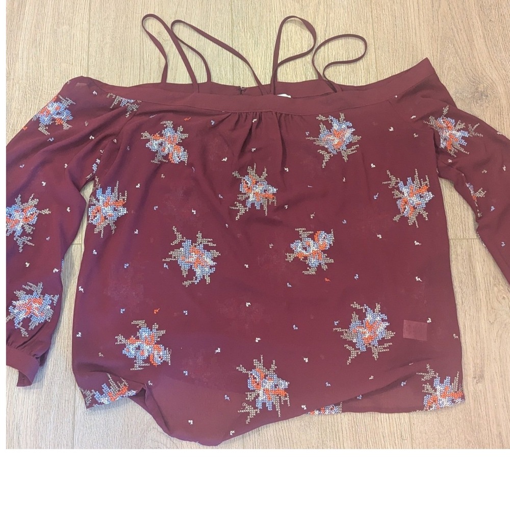 RO&DE Semi Sheer Off Shoulder Embroidered Floral Blouse Long Sleeve Top Large